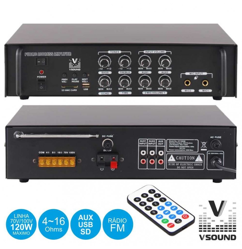 Amplificador Pa 12/220V 3 Entr.120W Bt/Mp3/Usb/Sd/Fm  Vsound - Voltagem.pt