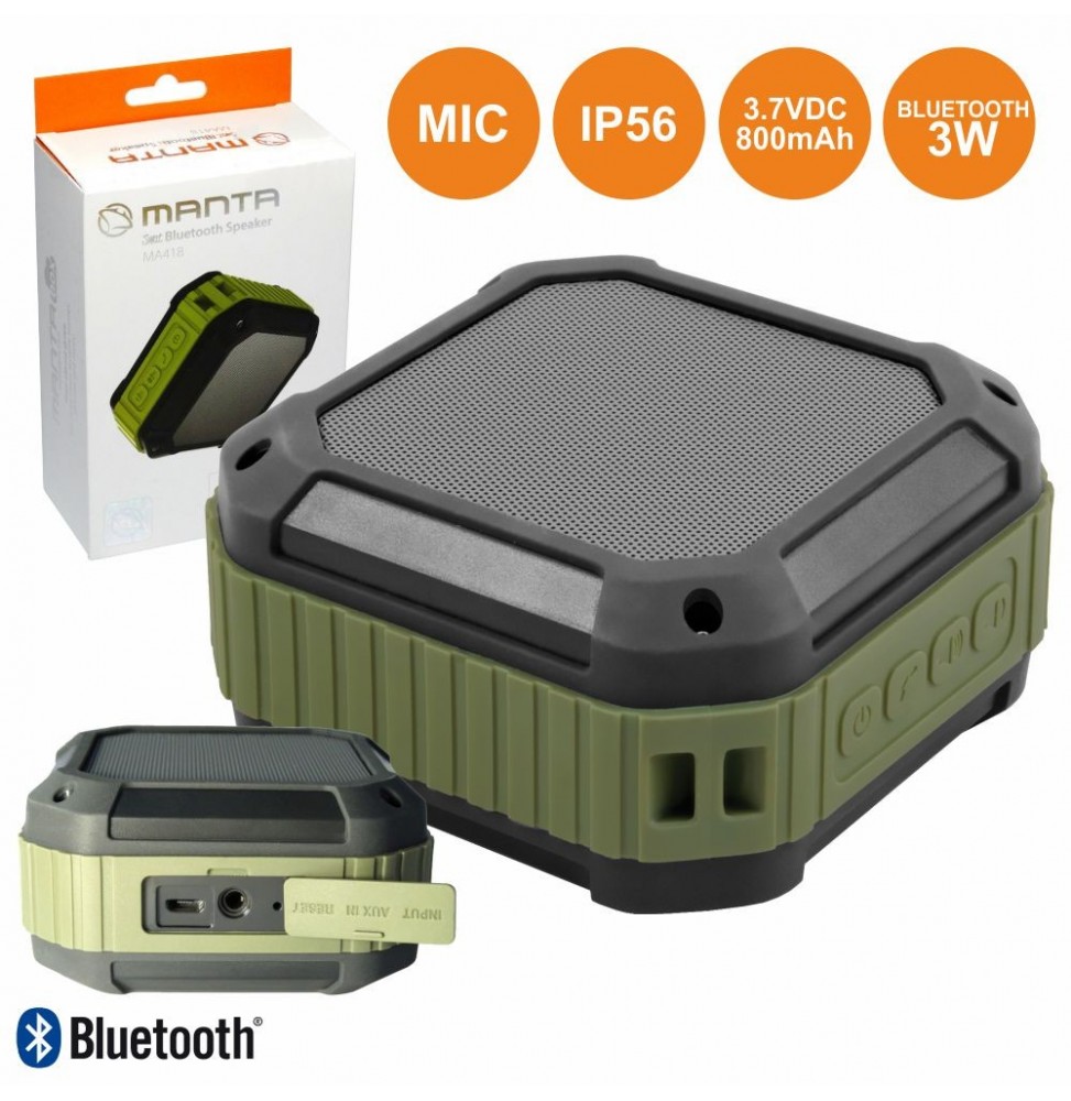 Coluna Bluetooth Portátil 3W Aux/Bat/Mic Ip56  Manta - Voltagem.pt