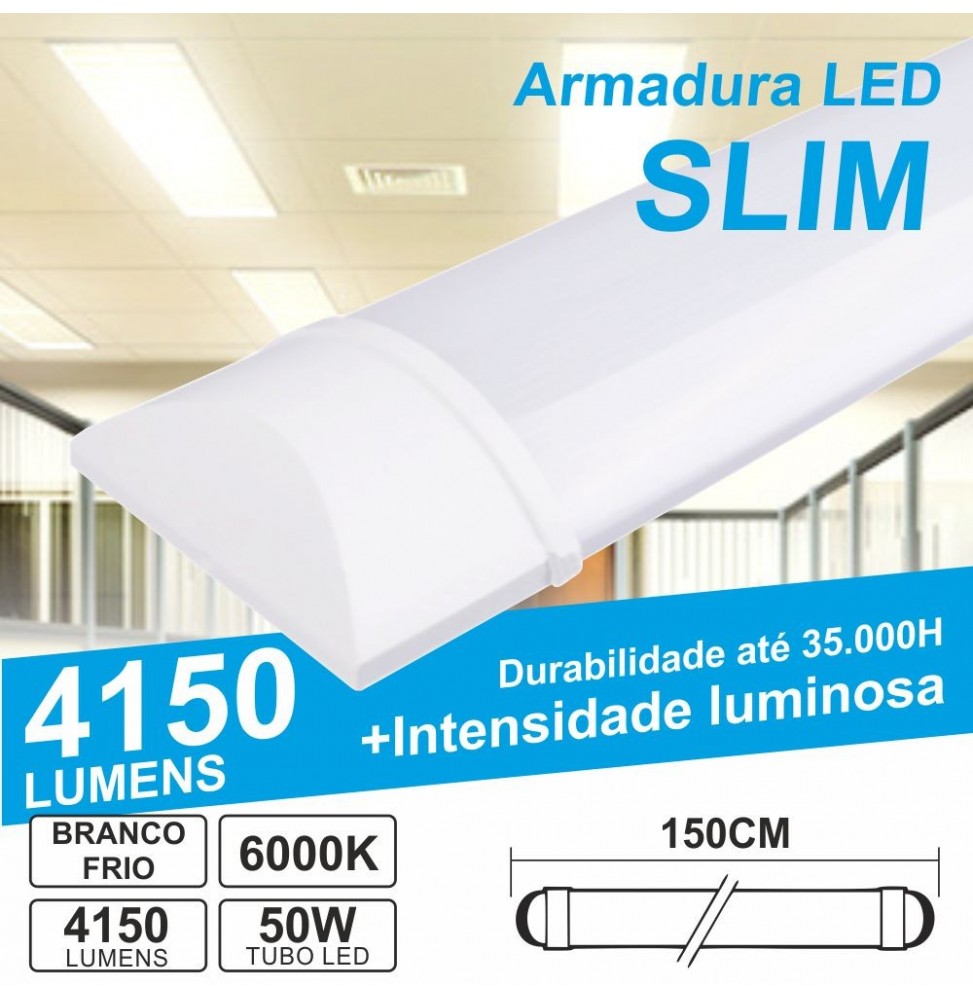 Armadura Led Slim 50W 1.5M Ip20 Branco Frio 4150Lm - Voltagem.pt