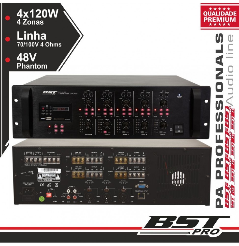 Amplificador 19 4 Zonas Pa 100V 5 Canais 4X120W Mp3 Usb/S - Voltagem.pt
