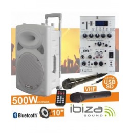 Coluna Amplificada 10 500W Usb/Bt/Sd/Bat Vhf Branco  Ibiza - Voltagem.pt