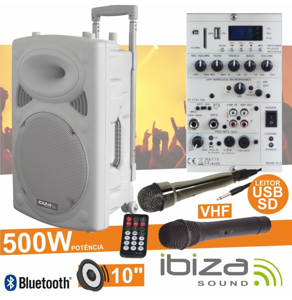 Coluna Amplificada 10 500W Usb/Bt/Sd/Bat Vhf Branco  Ibiza - Voltagem.pt