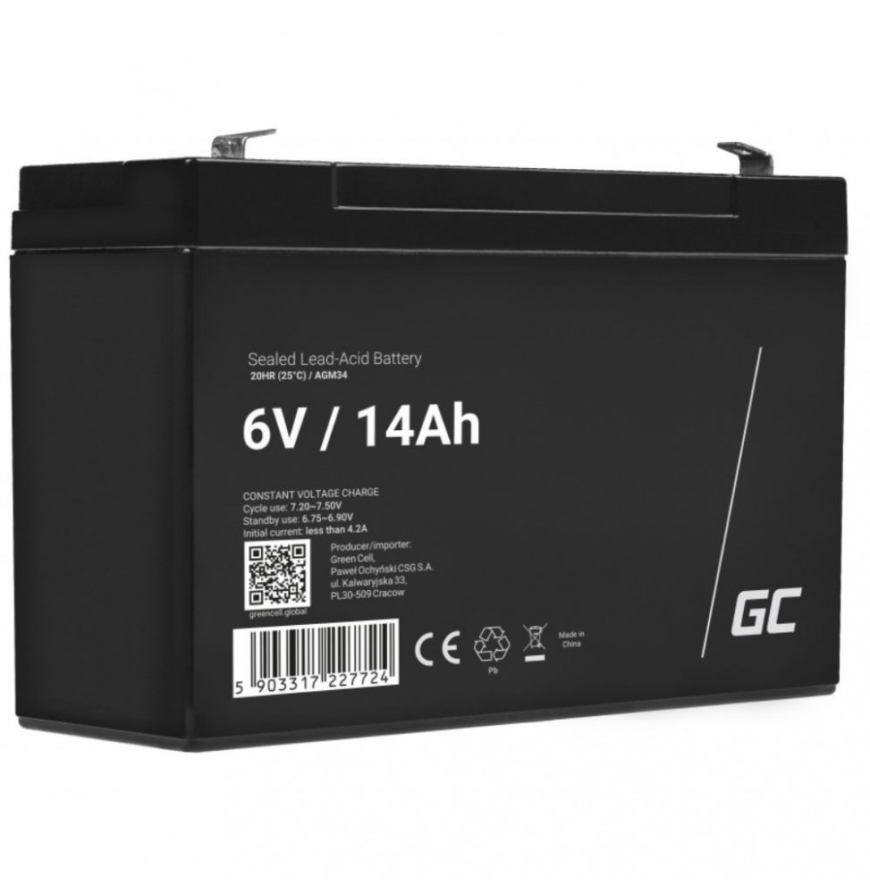 Bateria Chumbo Gel Agm 6V 14A  Green Cell - Voltagem.pt