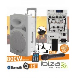 Coluna Amplificada 15 800W Usb/Bt/Sd/Bat Vhf Branco  Ibiza - Voltagem.pt