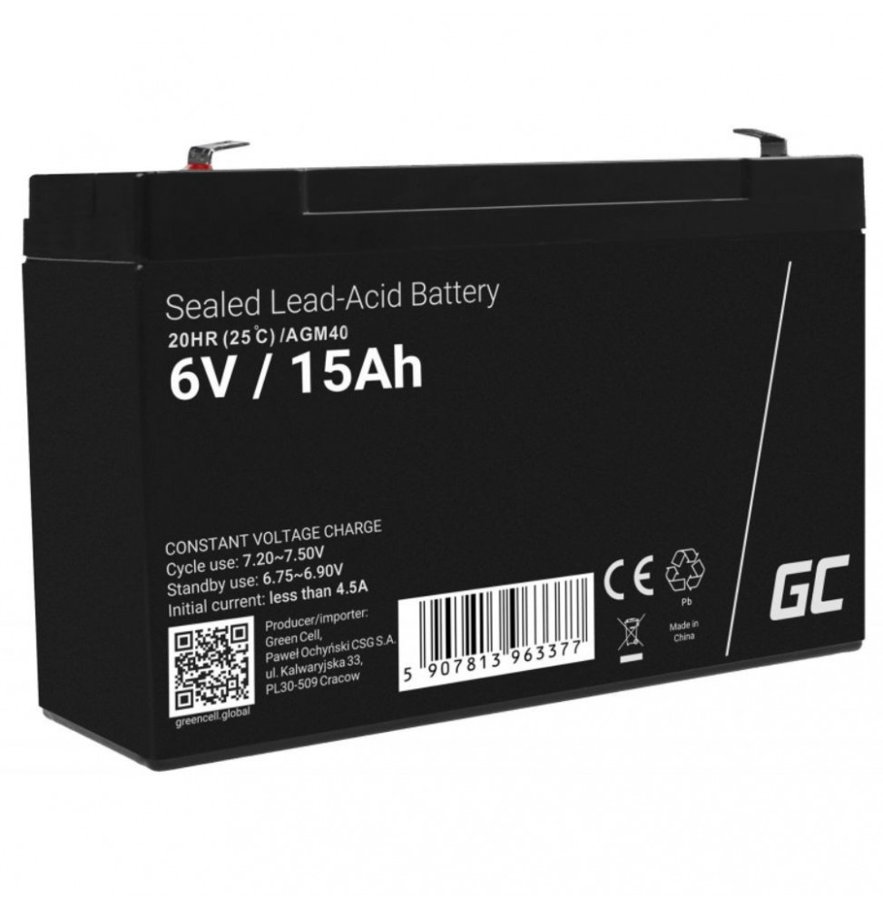 Bateria Chumbo Gel Agm 6V 15A  Green Cell - Voltagem.pt