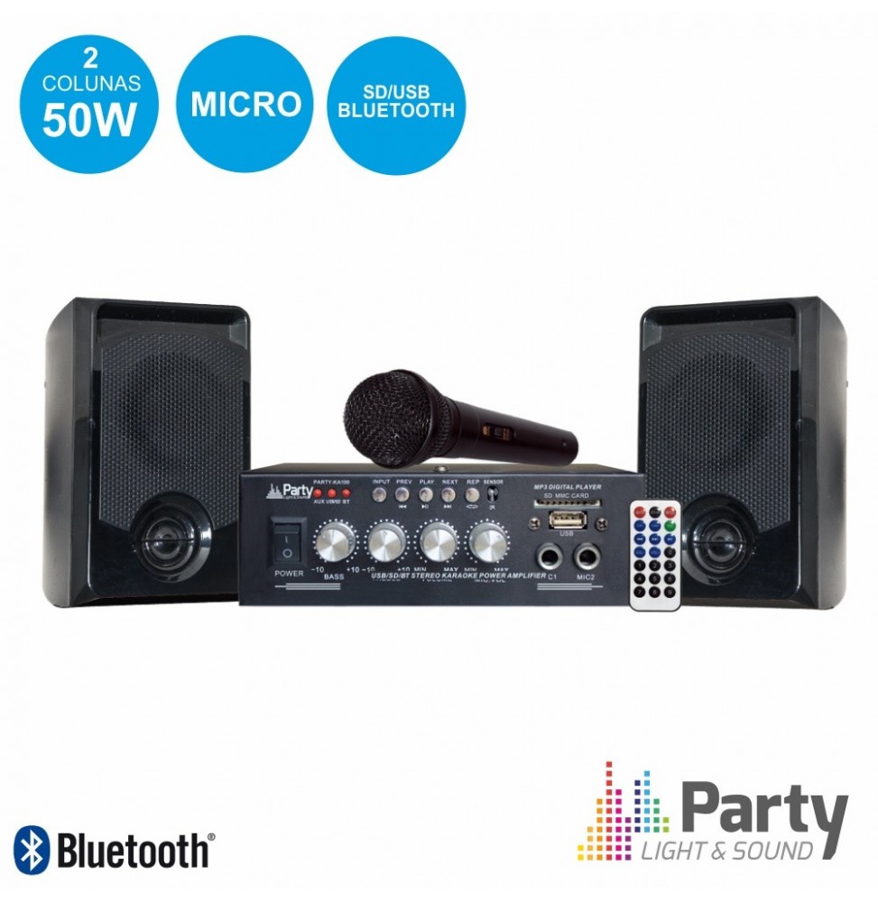 Conjunto Karaoke Amplificador 2X50W 2 Colunas Mic Bt Party - Voltagem.pt