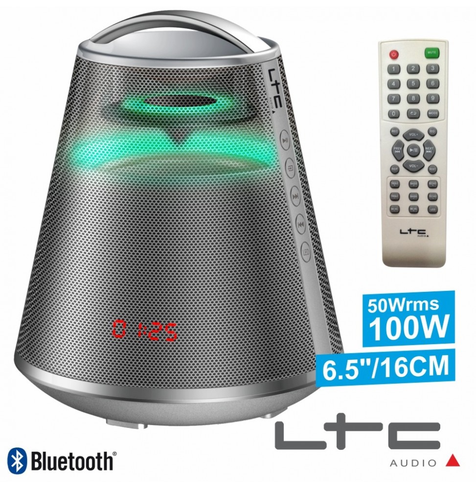 Coluna Bluetooth Portátil Prata 100W Usb/Bt/Fm/Aux/Bat  Ltc - Voltagem.pt