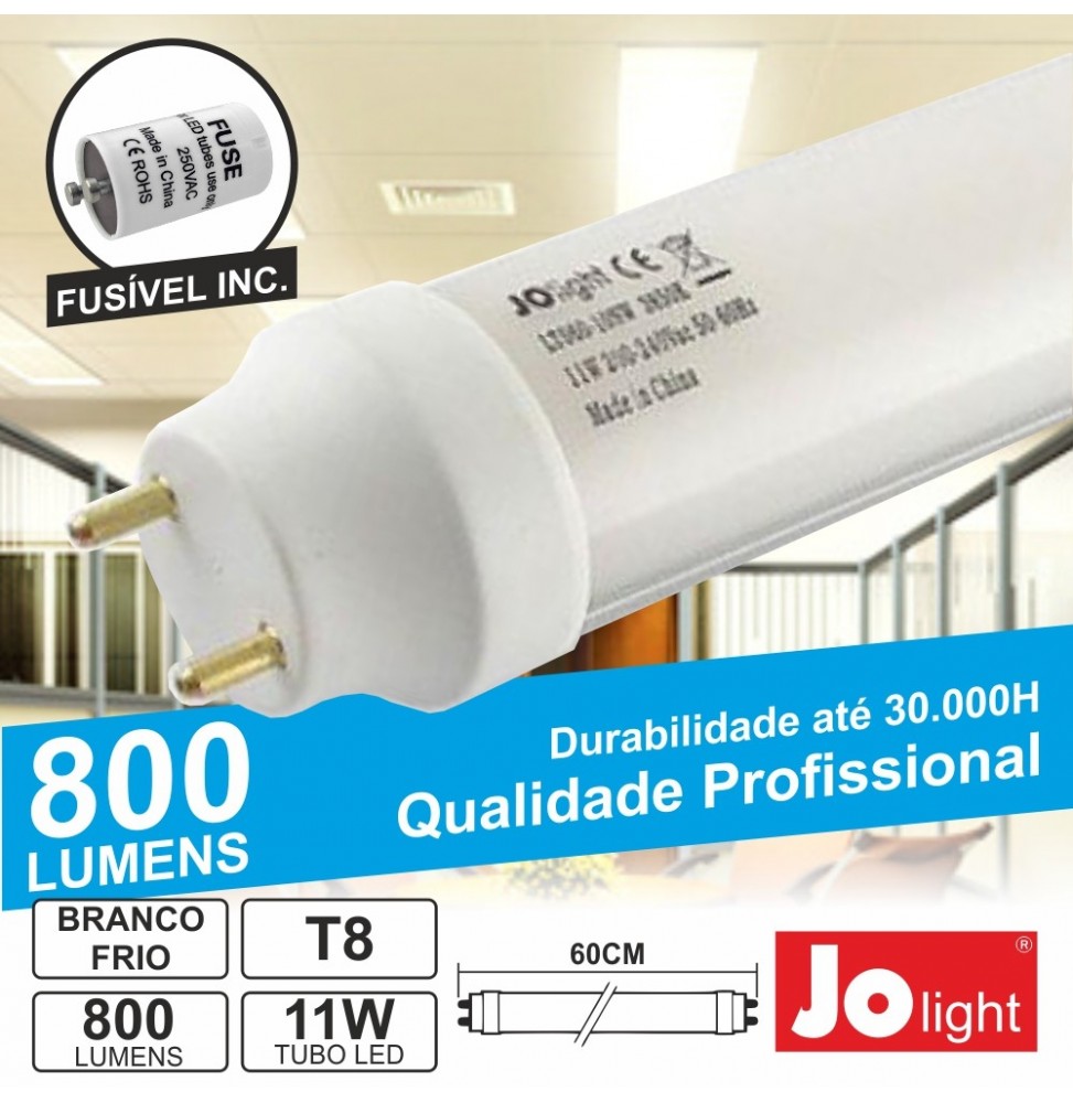 Lâmpada Tubular 11W 60Cm Leds T8 Branco Frio 800Lm  Jolight - Voltagem.pt